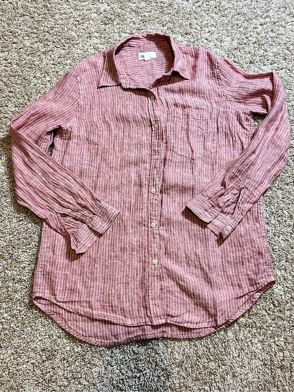 Gap Boyfriend Fit Pink/White Striped Linen Long Sleeve Button Down Shirt Size Sm